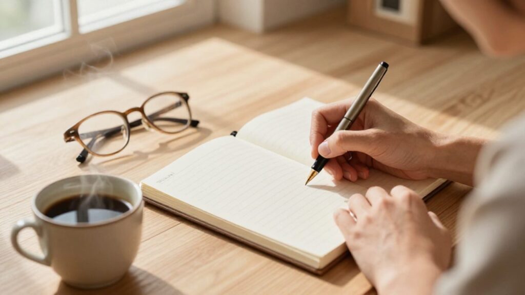 Manos de una persona escribiendo con una pluma estilográfica en un cuaderno sobre un escritorio de madera junto a una taza de café.