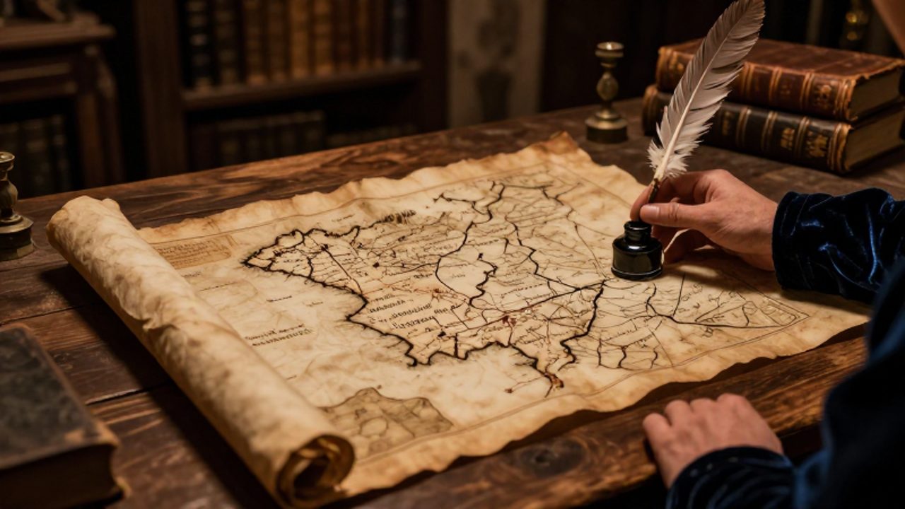 Un mapa antiguo de la península ibérica sobre una mesa de madera junto a un tintero y una pluma en un estudio medieval.