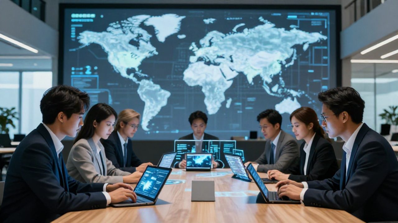 Profesionales de diversas etnias analizan datos de densidad de población y migración frente a un mapa mundial digital en un centro de mando tecnológico.