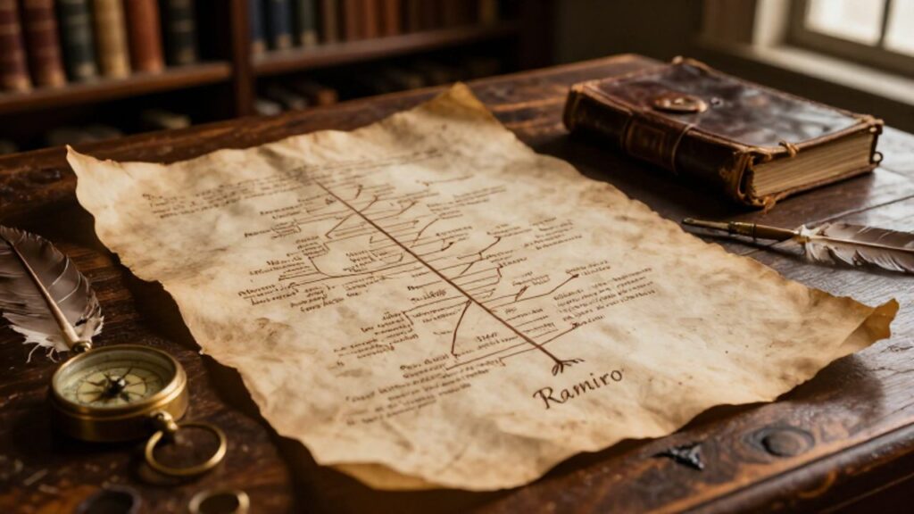 Manuscrito antiguo sobre una mesa de madera que muestra un árbol genealógico escrito a mano con el nombre Ramiro en la raíz.