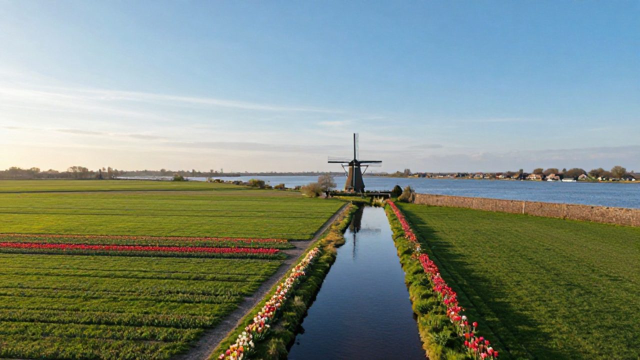 Paisaje rural neerlandés con un canal que atraviesa campos de tulipanes, un molino tradicional y un dique junto a un cuerpo de agua bajo un cielo despejado.