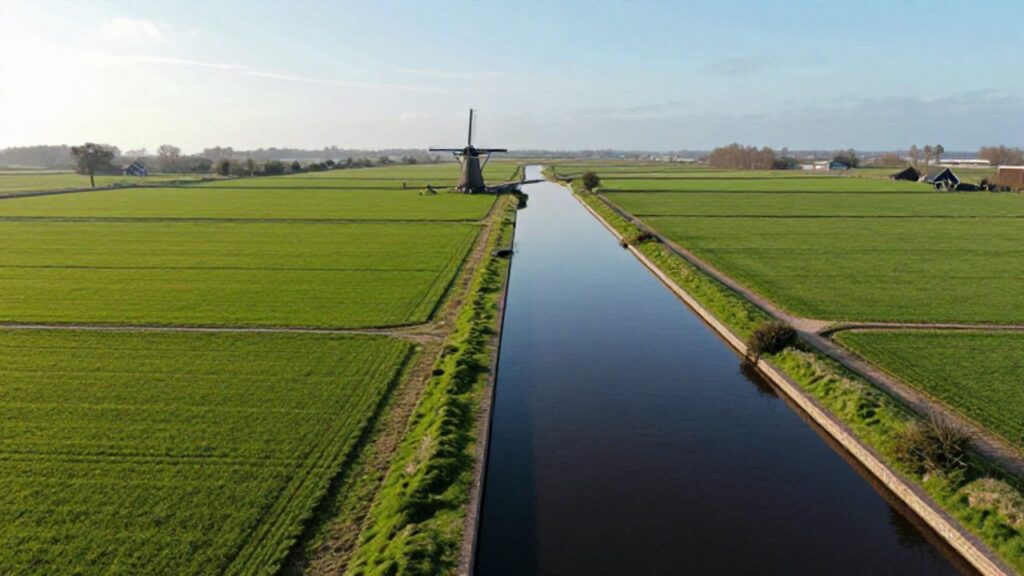 Vista aérea de un paisaje neerlandés con campos verdes divididos por canales de agua, diques de ladrillo y un molino tradicional.