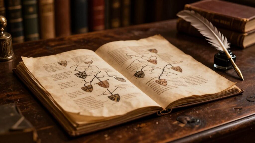 Manuscrito antiguo sobre una mesa de madera que muestra un árbol genealógico con caligrafía y escudos heráldicos.