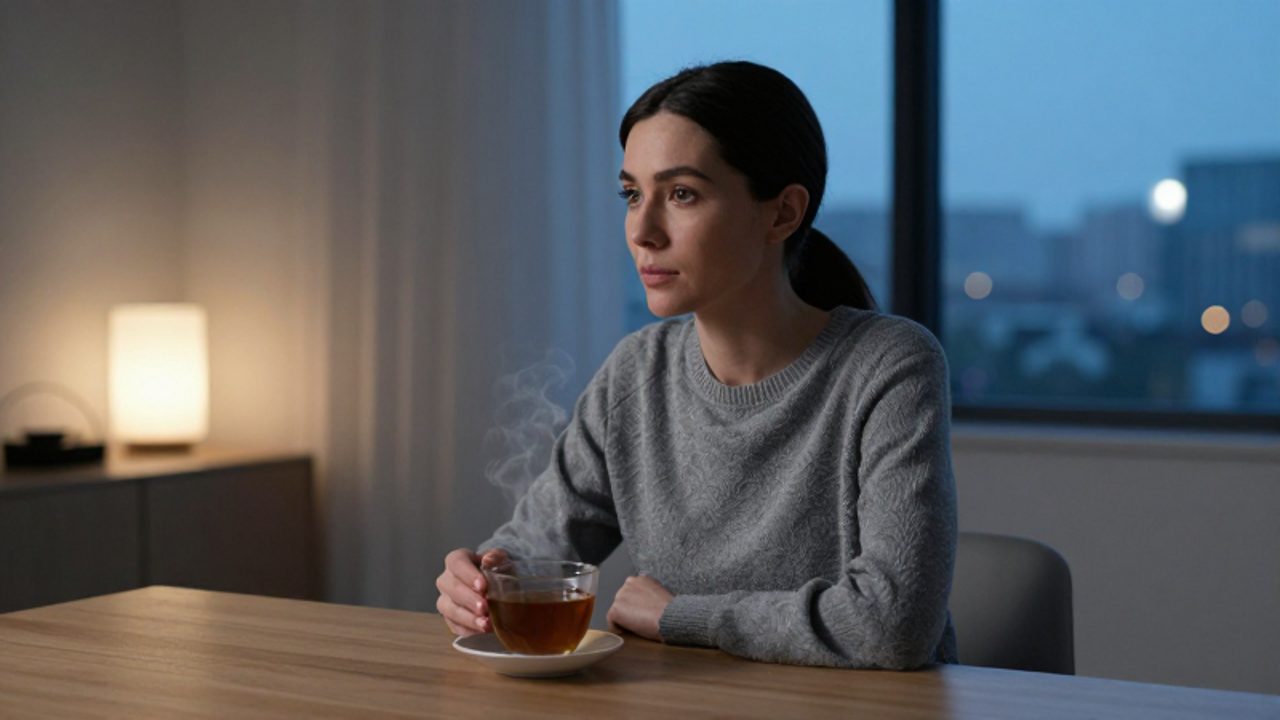 Mujer pensativa sentada sola frente a una taza de té en un apartamento minimalista al atardecer.