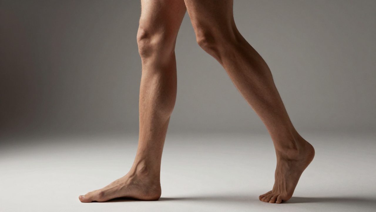 Perfil lateral de las piernas de una persona al caminar, resaltando la musculatura de los muslos y las pantorrillas.