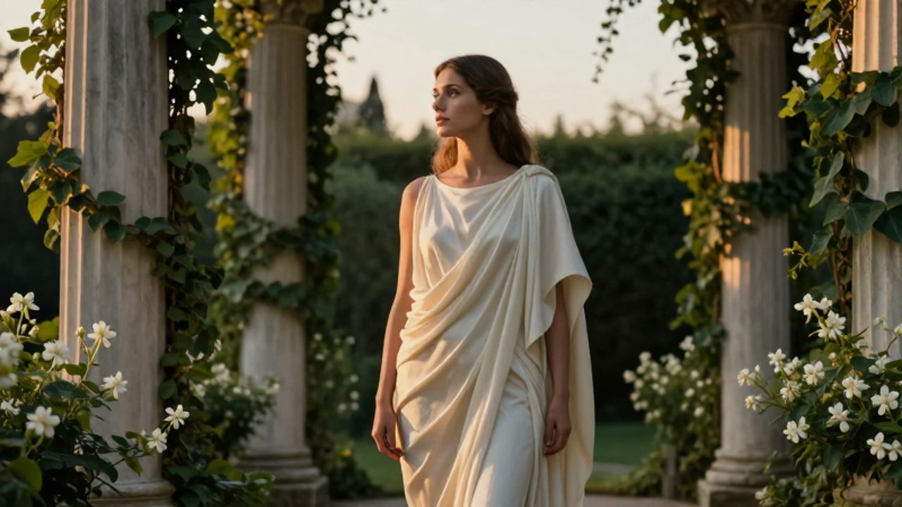Mujer con túnica blanca contemplando el amanecer en un jardín romano con columnas de mármol.
