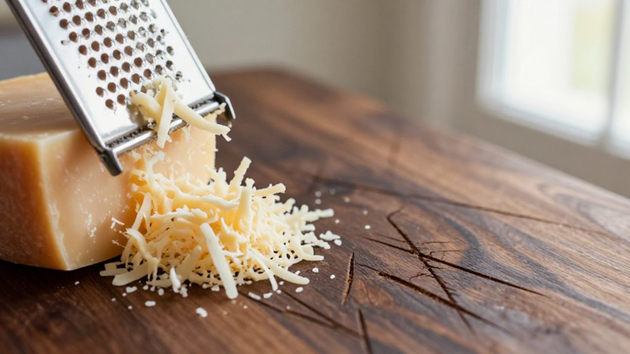 Contraste entre queso parmesano siendo rallado sobre un rallador de acero y marcas de surcos profundos rayados sobre una superficie de madera oscura.