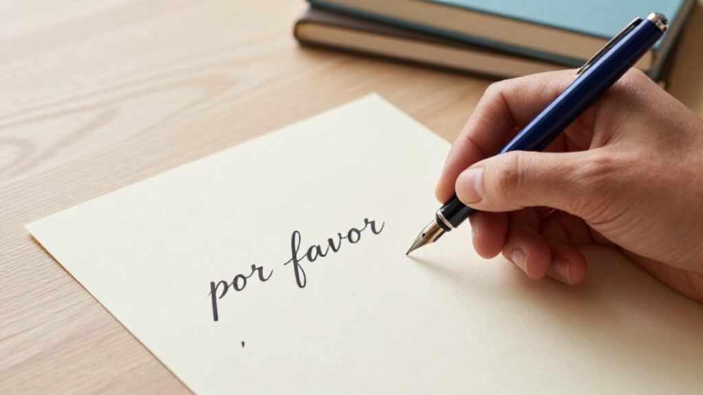 Una mano escribe con pluma estilográfica las palabras "por favor" seguidas de una coma sobre un papel de textura elegante.