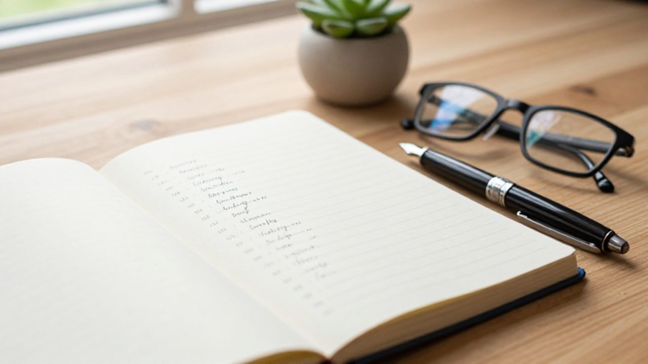 Cuaderno abierto sobre un escritorio de madera con números y compuestos escritos a mano en inglés, junto a una pluma estilográfica.