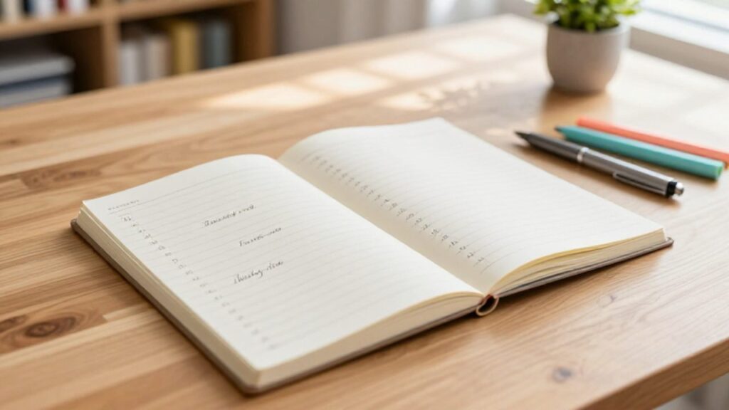 Cuaderno abierto sobre un escritorio de madera con números y su escritura en inglés anotados a mano junto a un bolígrafo y resaltadores.