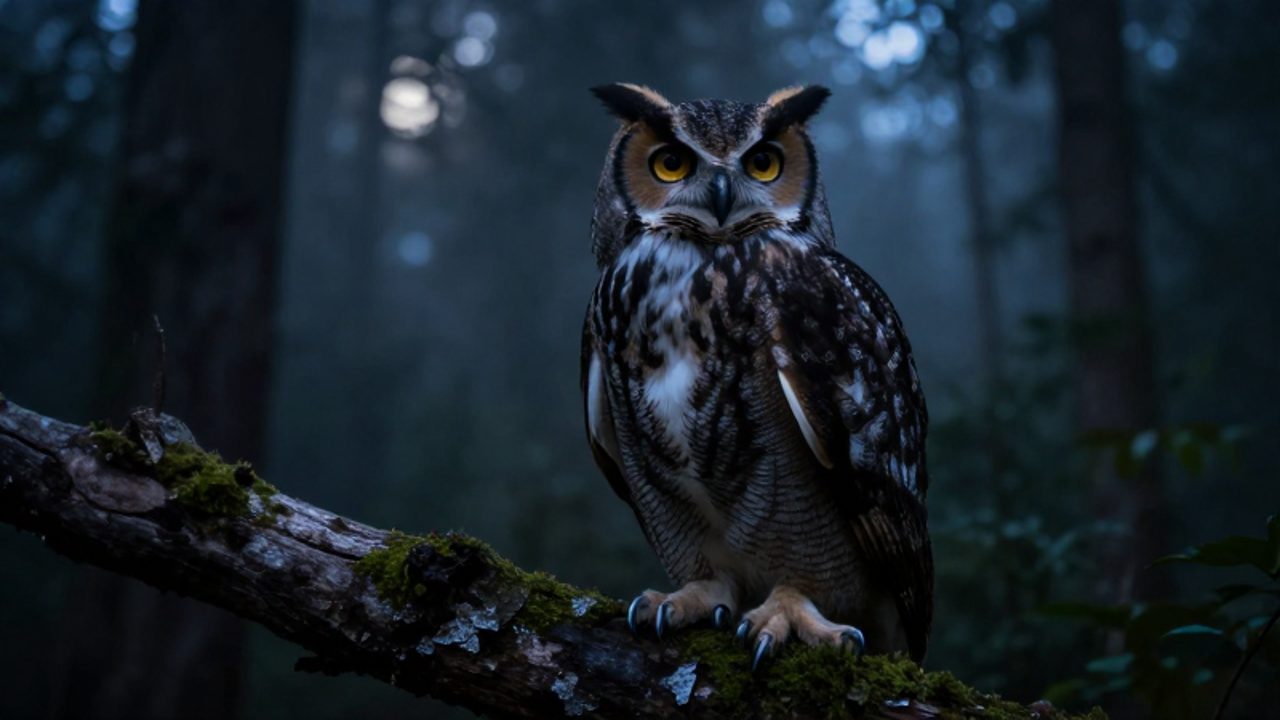 Búho cornudo con mirada intensa posado en una rama con musgo en un bosque nocturno y neblinoso.