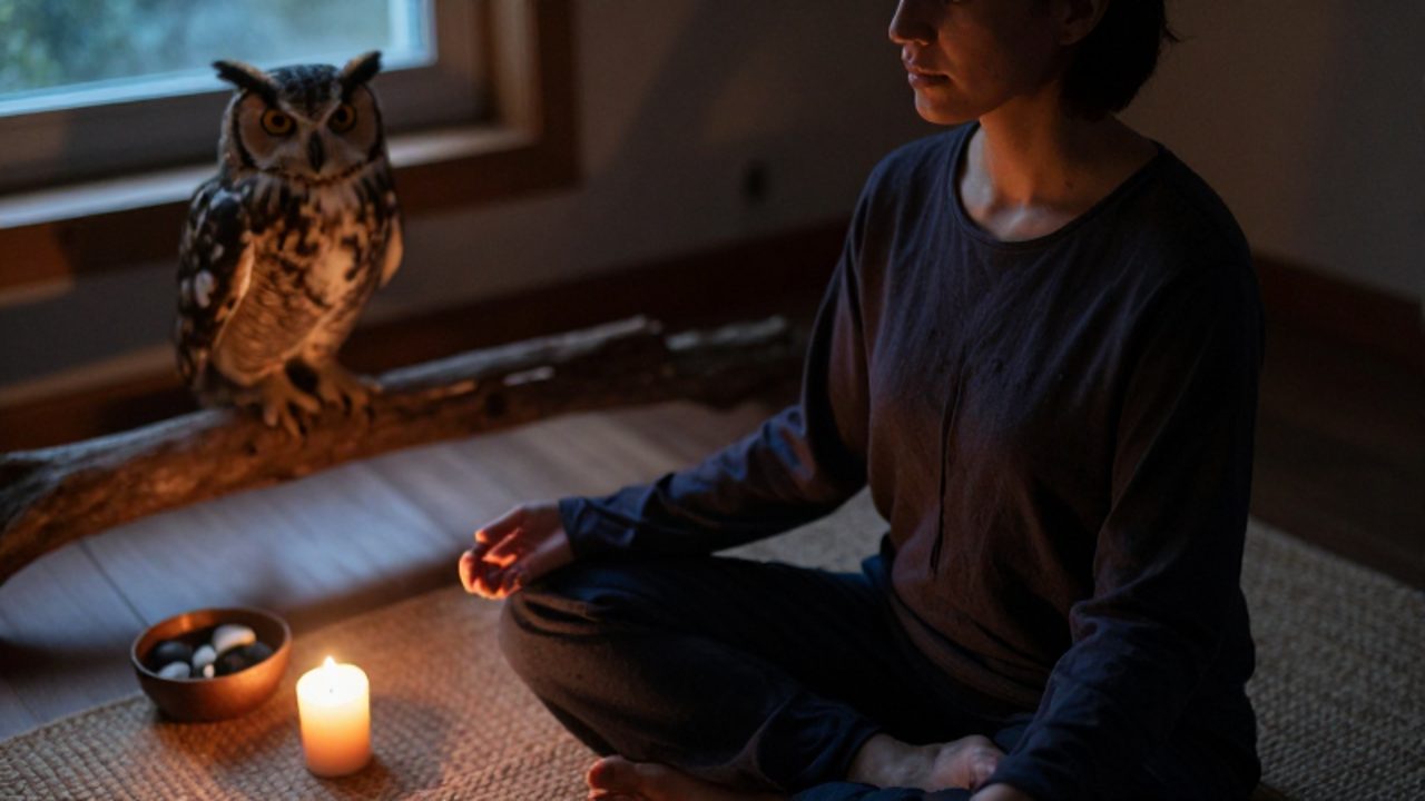 Persona meditando en un espacio tenue con una vela, mientras un búho real observa en segundo plano sobre una rama.