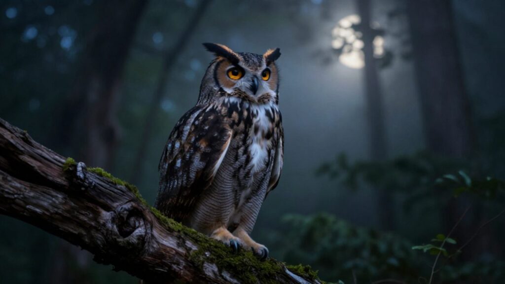 Un búho cornudo con ojos ámbar intensos posado en una rama con musgo en un bosque nocturno envuelto en niebla.