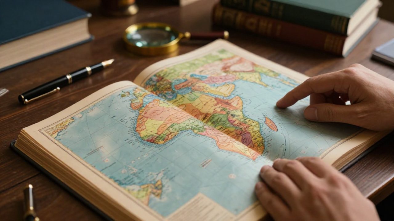 Manos señalando un mapa detallado del continente africano en un atlas antiguo sobre una mesa de estudio con una lupa y una pluma.