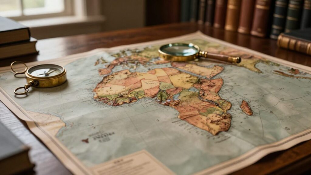 Mapa físico con relieve del continente africano sobre un escritorio de madera junto a una brújula y una lupa.