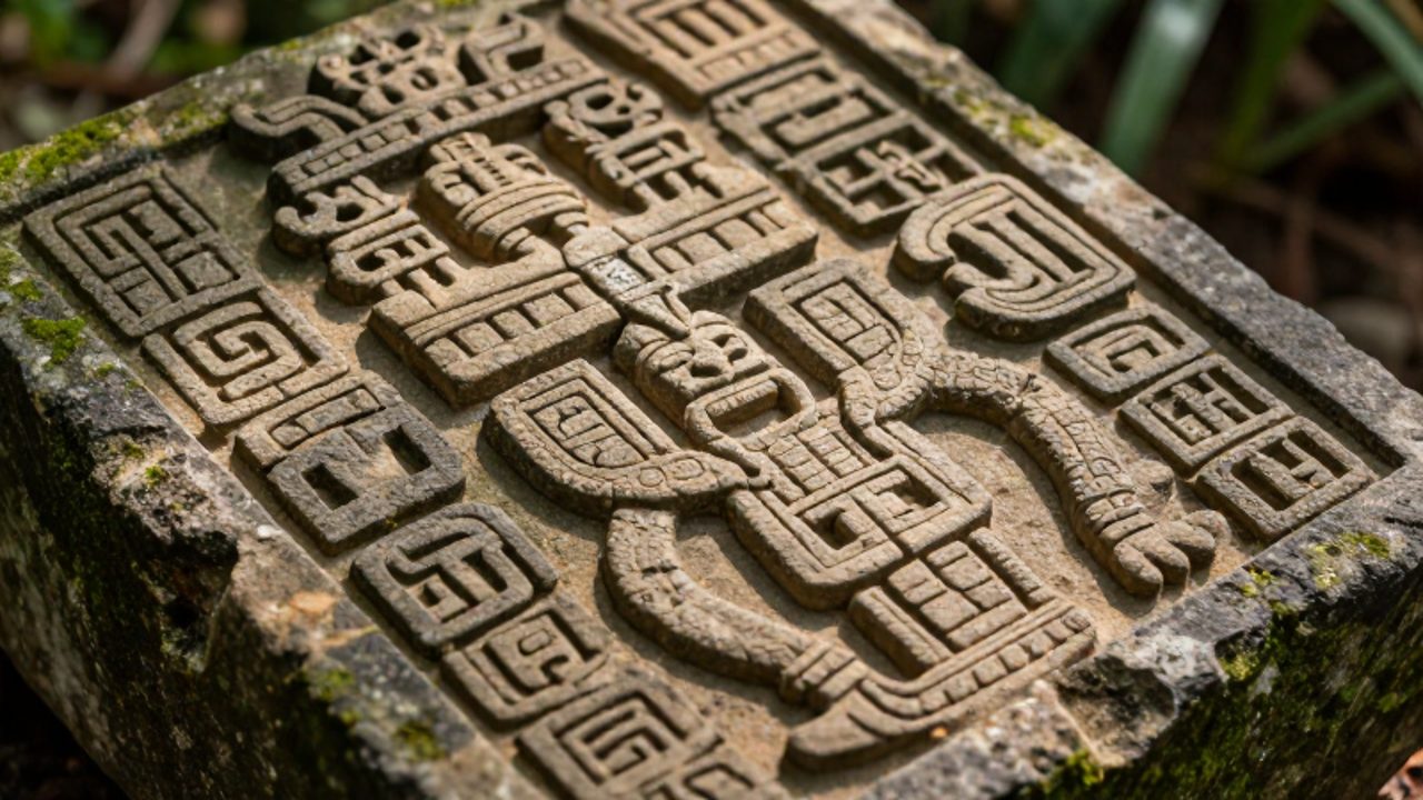 Relieve de piedra tallada en un muro antiguo que muestra glifos y patrones geométricos de la cultura maya.