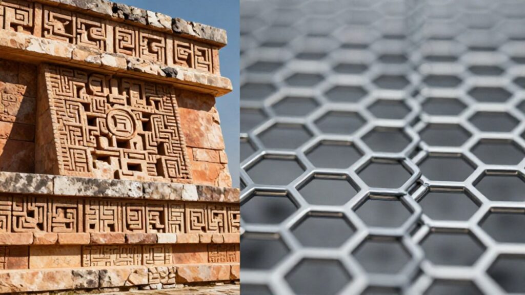 Comparativa entre grabados de piedra de un templo maya con tonos cálidos y una malla metálica moderna con patrones hexagonales en tonos fríos.