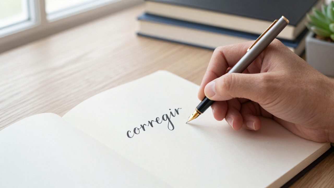 Una mano escribe la palabra corregir con pluma estilográfica en un cuaderno sobre un escritorio de madera.