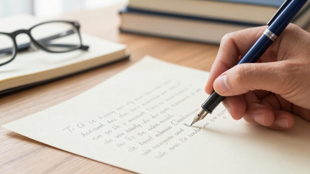 Una mano escribe con una pluma estilográfica sobre un papel para corregir una frase en un escritorio con libros y gafas.