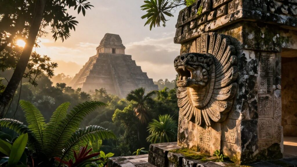 Ruinas de un templo maya al amanecer con un relieve de la serpiente emplumada Kukulcán entre la densa vegetación de la selva.