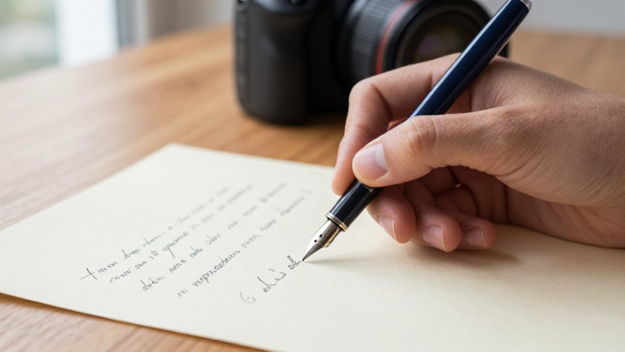 Una mano sostiene una pluma estilográfica sobre un papel con notas manuscritas, simulando el acto de corregir la escritura.