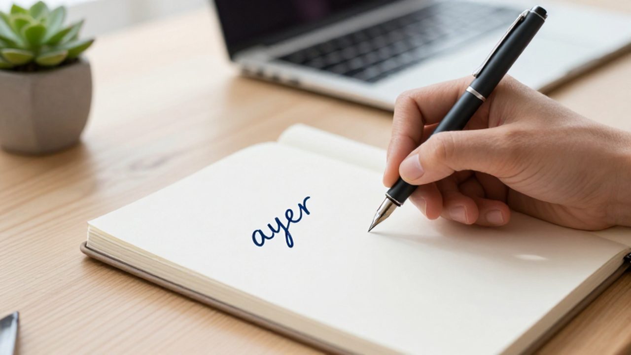Una mano escribe la palabra "ayer" con pluma estilográfica en un cuaderno sobre un escritorio ordenado.
