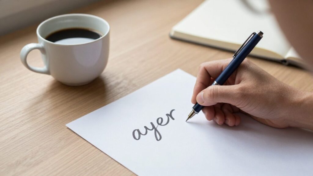 Una mano escribe con precisión la palabra "ayer" sobre una hoja de papel blanca en un escritorio minimalista.