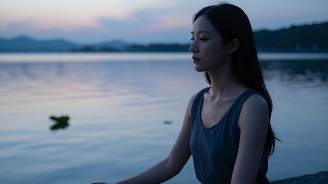 Mujer en actitud meditativa sentada a la orilla de un lago tranquilo bajo un cielo de atardecer en tonos azules y violetas.