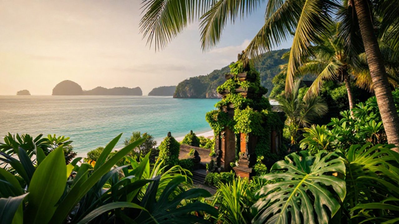 Paisaje del sudeste asiático donde un templo de piedra antiguo entre la selva tropical se encuentra con una costa de aguas turquesas durante el atardecer.