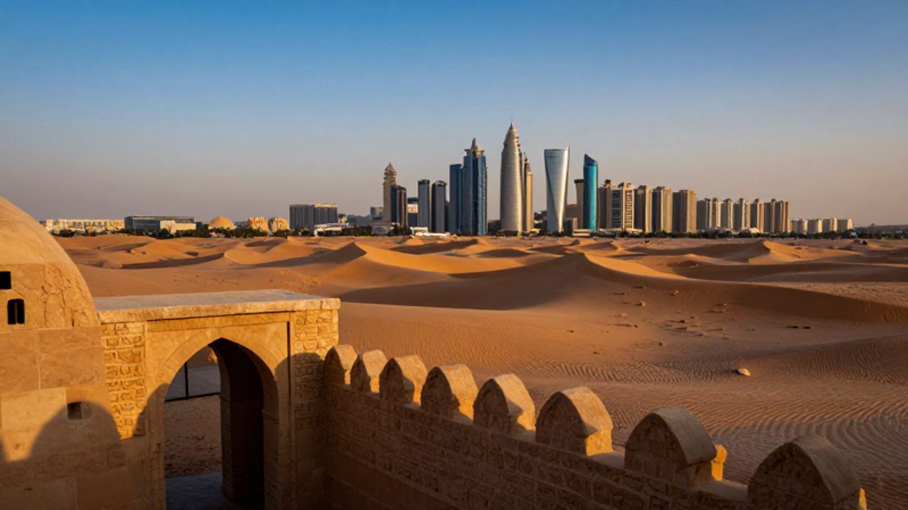 Arquitectura tradicional y rascacielos modernos se mezclan en un horizonte de Medio Oriente sobre un paisaje de dunas doradas.