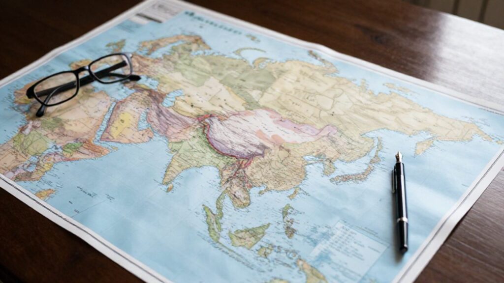 Mapa físico de Asia extendido sobre un escritorio de madera junto a unas gafas de lectura y una pluma estilográfica.