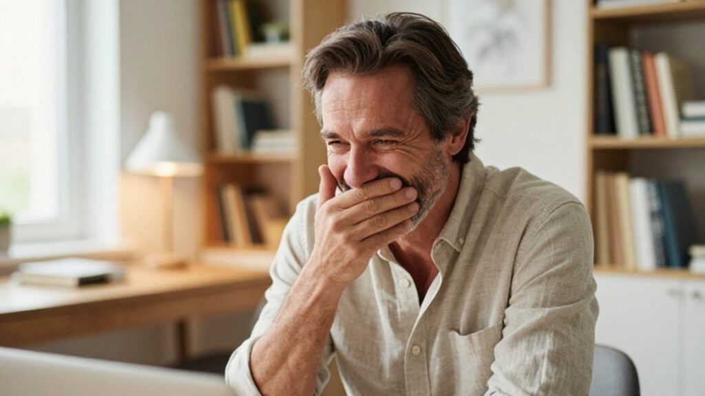 Hombre de mediana edad sentado en su escritorio, intentando contener la risa con una expresión de diversión.