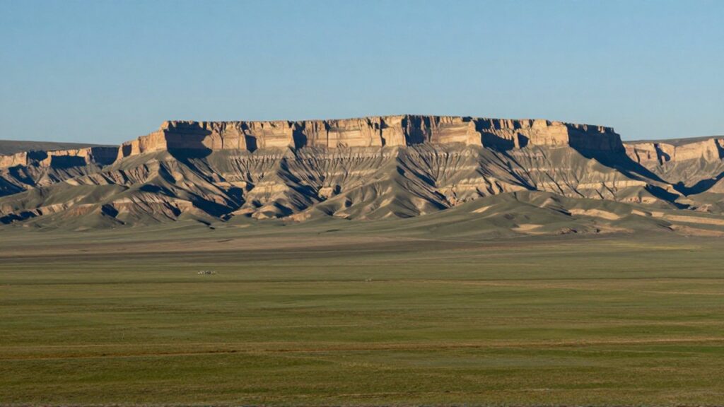 Una llanura verde se extiende hacia una gran meseta con escarpes rocosos bajo un cielo despejado.