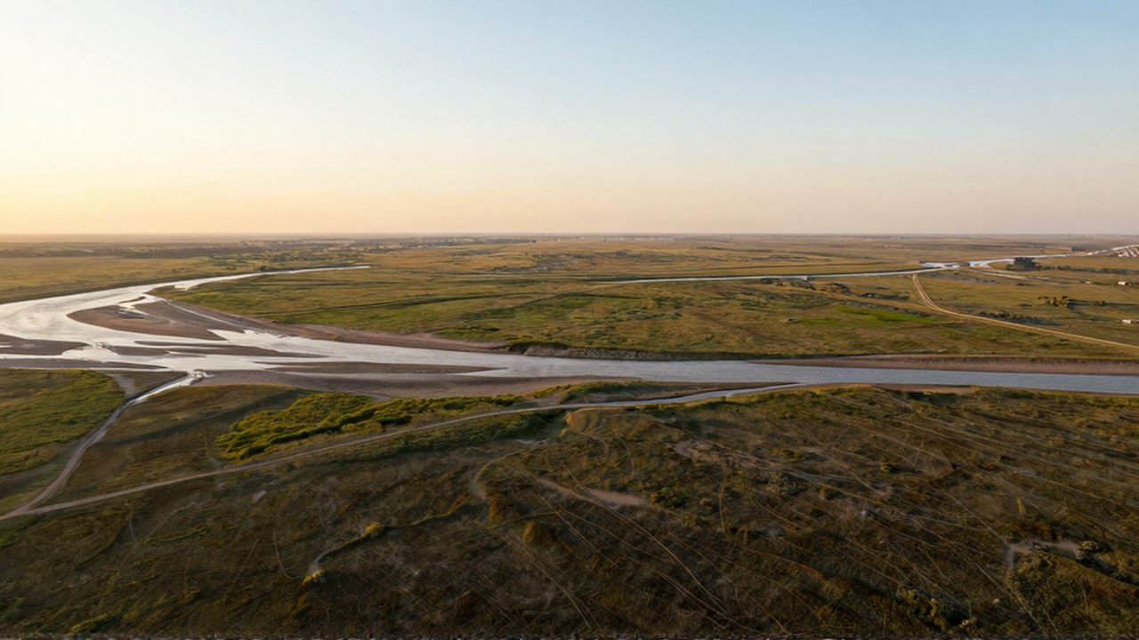 Un río serpentea a través de una vasta llanura fértil con vegetación baja y un camino de tierra.