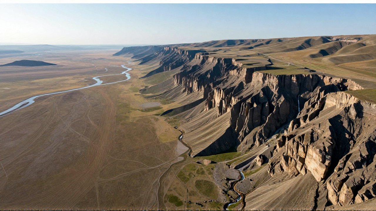 Vista aérea de una llanura aluvial junto a un gran altiplano con escarpes rocosos y arroyos.
