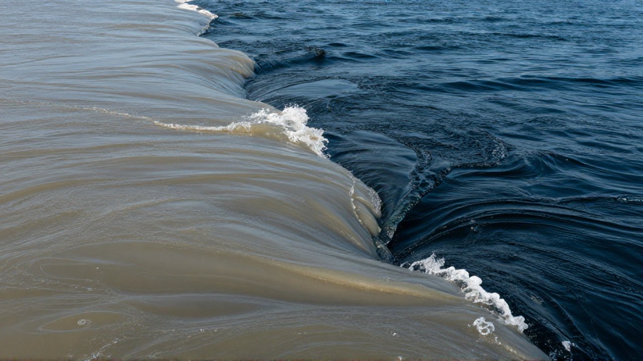 Agua clara y sedimentosa de un río se mezcla con el agua azul oscuro del océano.
