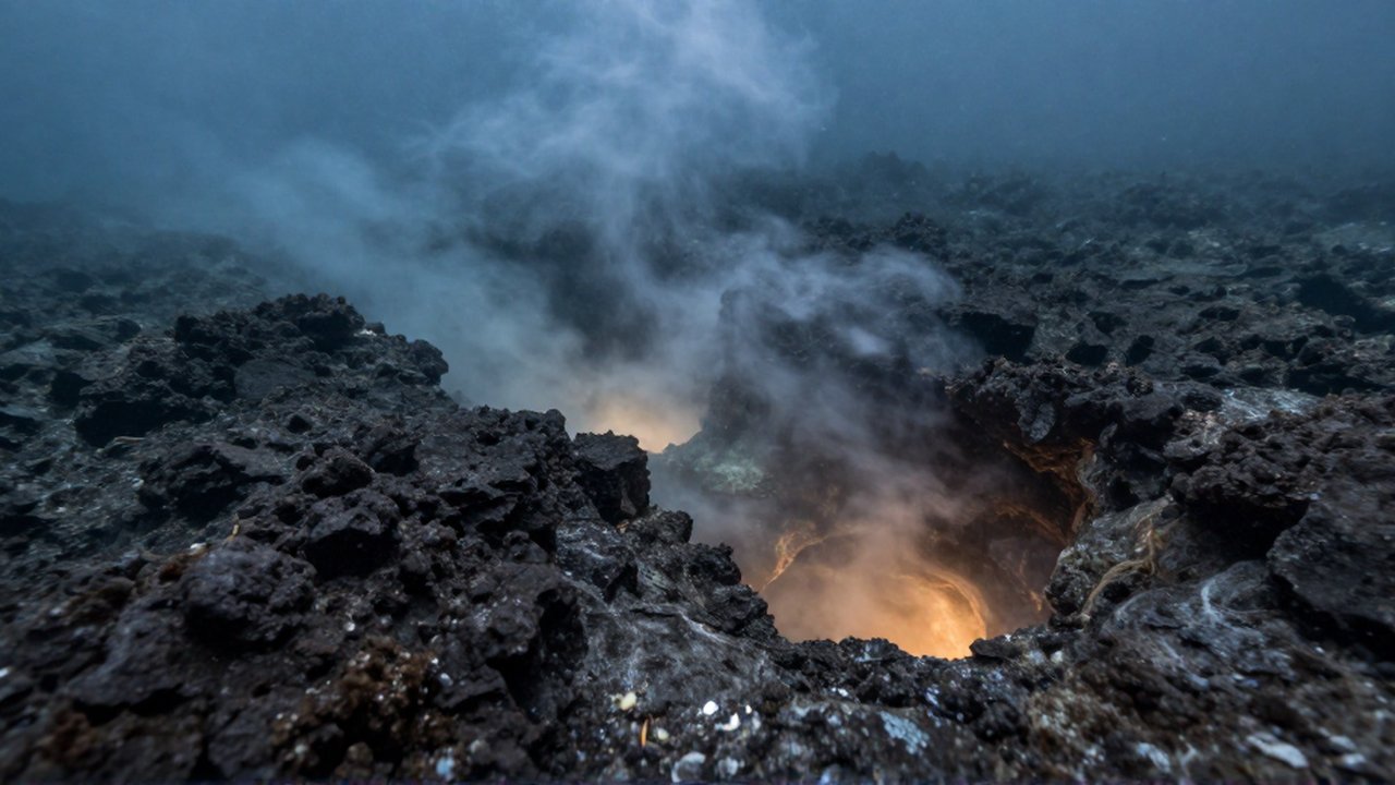 Un respiradero hidrotermal emite nubes de agua con minerales desde fisuras en el fondo marino oscuro.