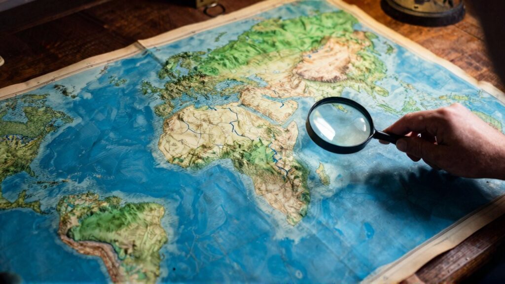 Una mano sostiene una lupa sobre un mapa físico de relieve con ríos azules detallados.