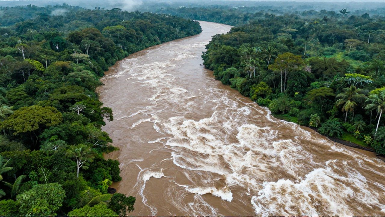 Un río caudaloso de aguas turbias serpentea a través de una densa selva tropical.