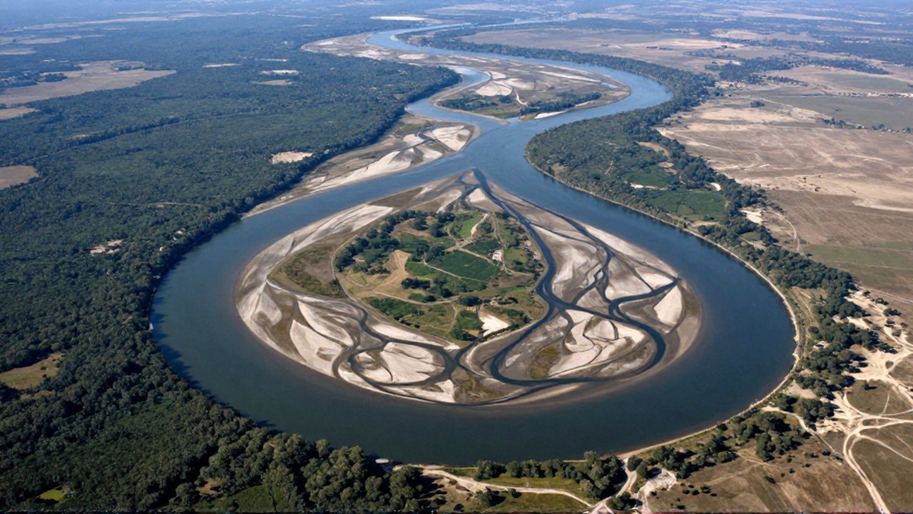 Vista aérea de una red de ríos y arroyos que convergen en un canal principal a través de bosques y llanuras.
