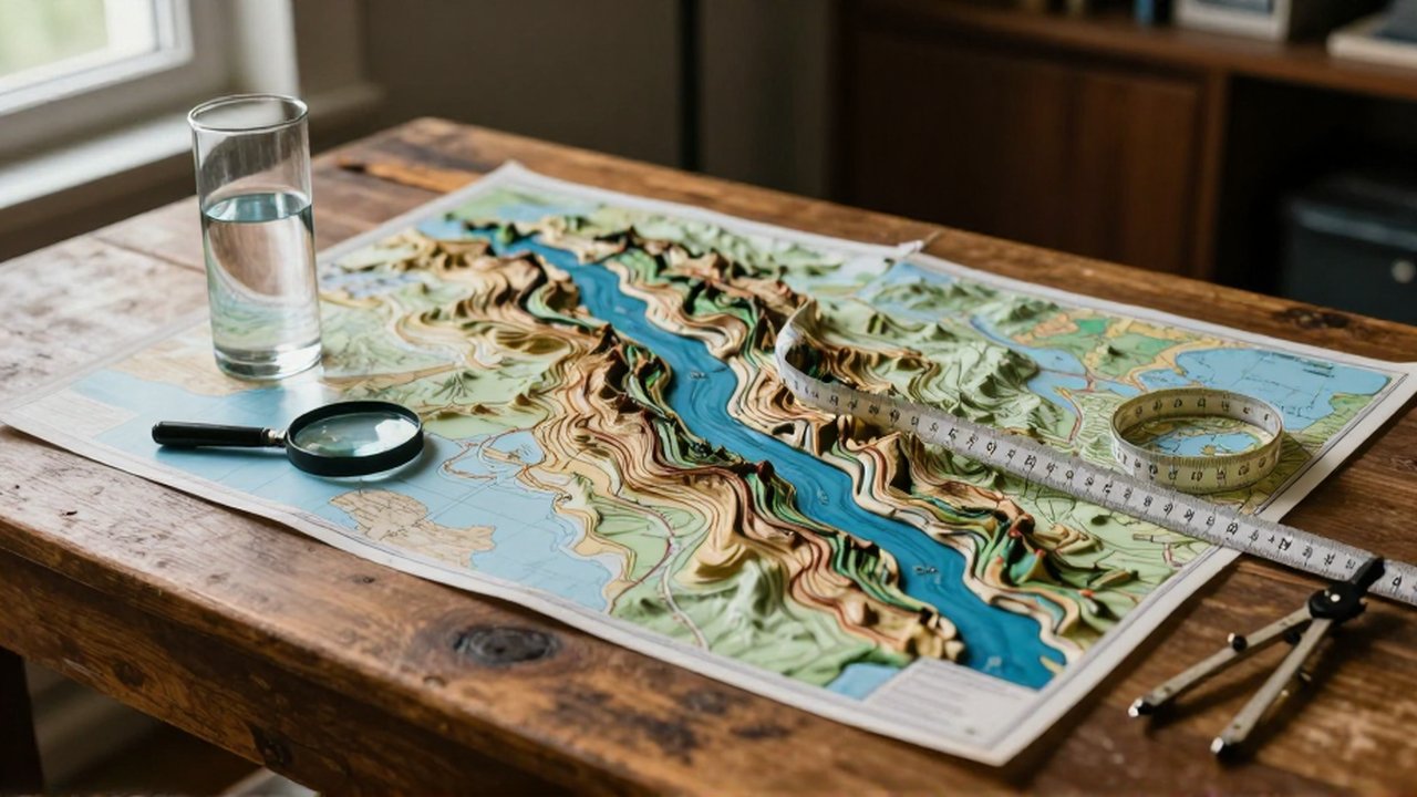 Modelos geográficos, un cilindro con agua y una cinta métrica sobre una mesa de madera.