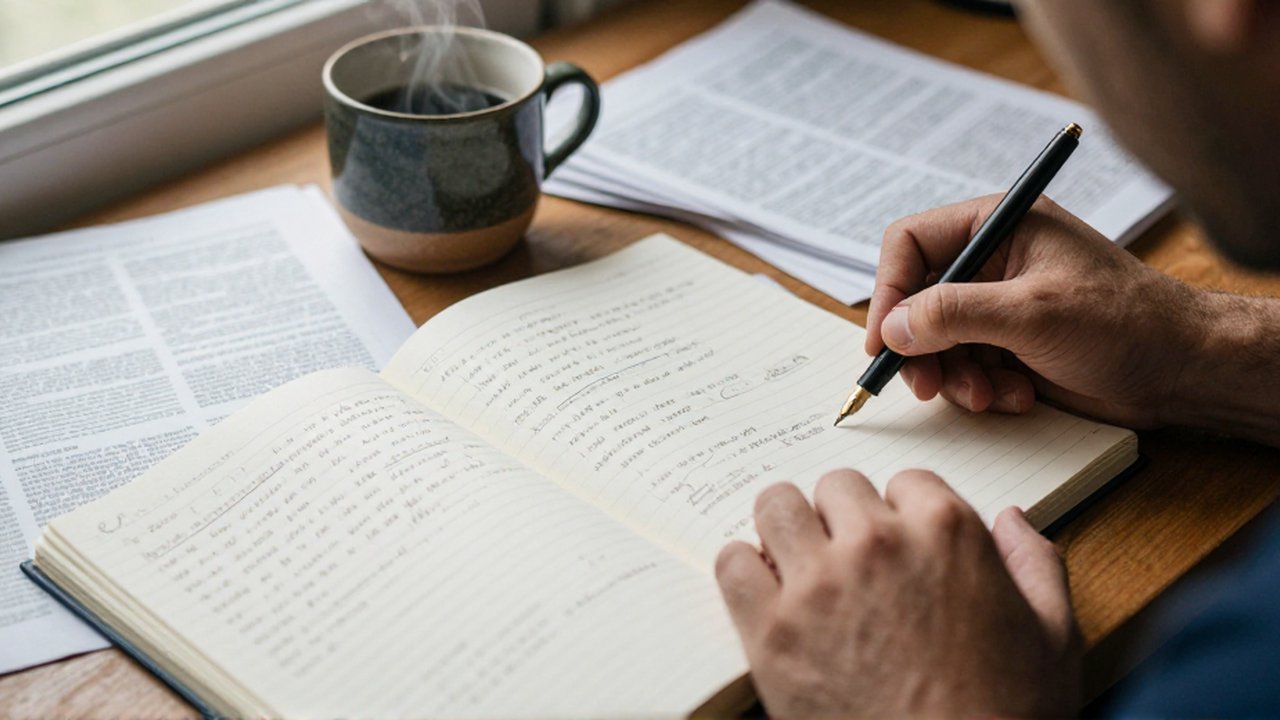 Manos sobre una mesa de madera junto a cuadernos abiertos, una pluma y una taza humeante.