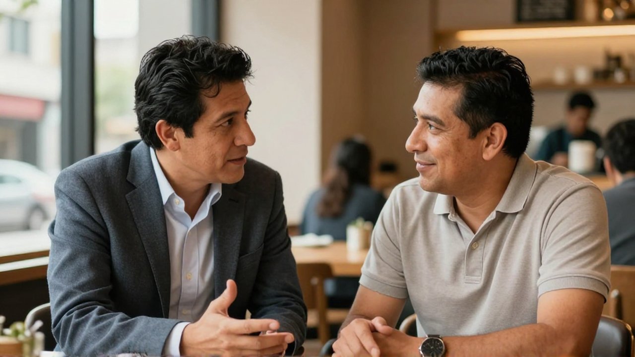 Dos hombres conversan en una cafetería moderna mientras uno gesticula y el otro sonríe.