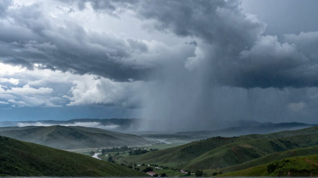 Lluvia constante cae sobre un valle de colinas verdes y un río entre nubes densas.