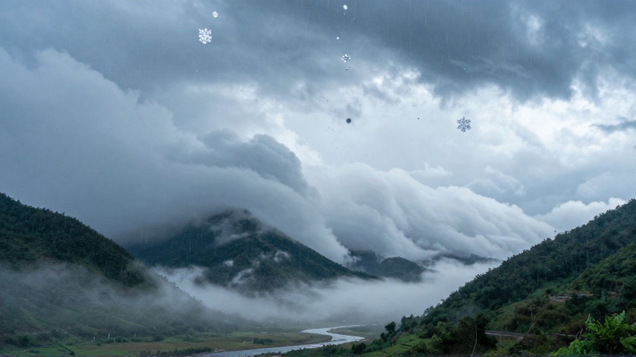 Corte transversal de un paisaje con vapor ascendiendo de un río hacia nubes de condensación y precipitación.