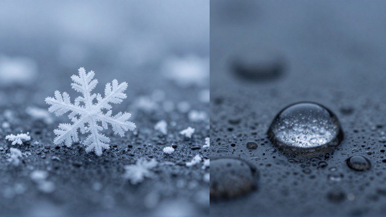 Coparación entre copos de nieve blancos sobre una superficie helada y gotas de agua transparentes sobre piedra oscura.