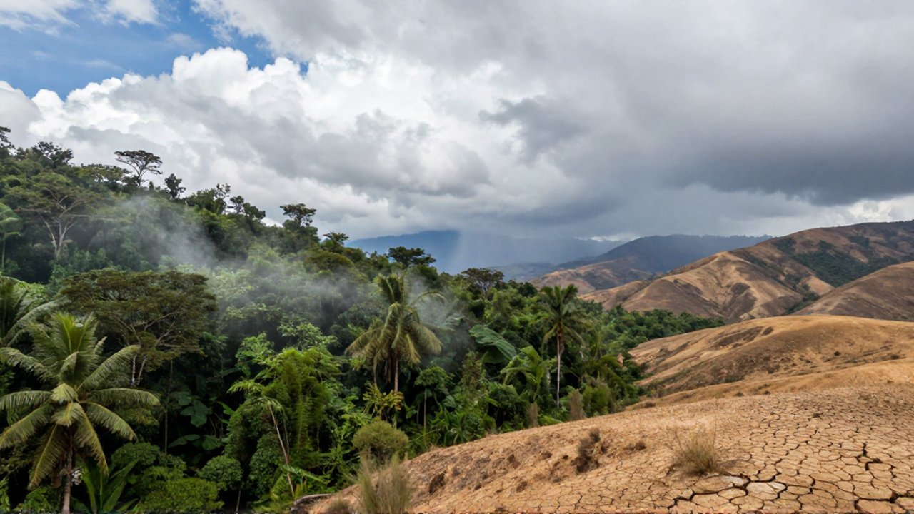 Paisaje que muestra una transición entre un bosque subtropical con neblina y una meseta árida bajo la lluvia.