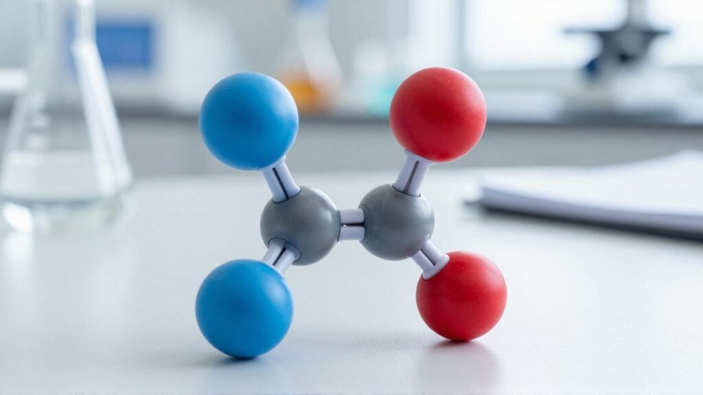 Dos esferas de color azul y rojo se conectan mediante varillas en un modelo molecular.