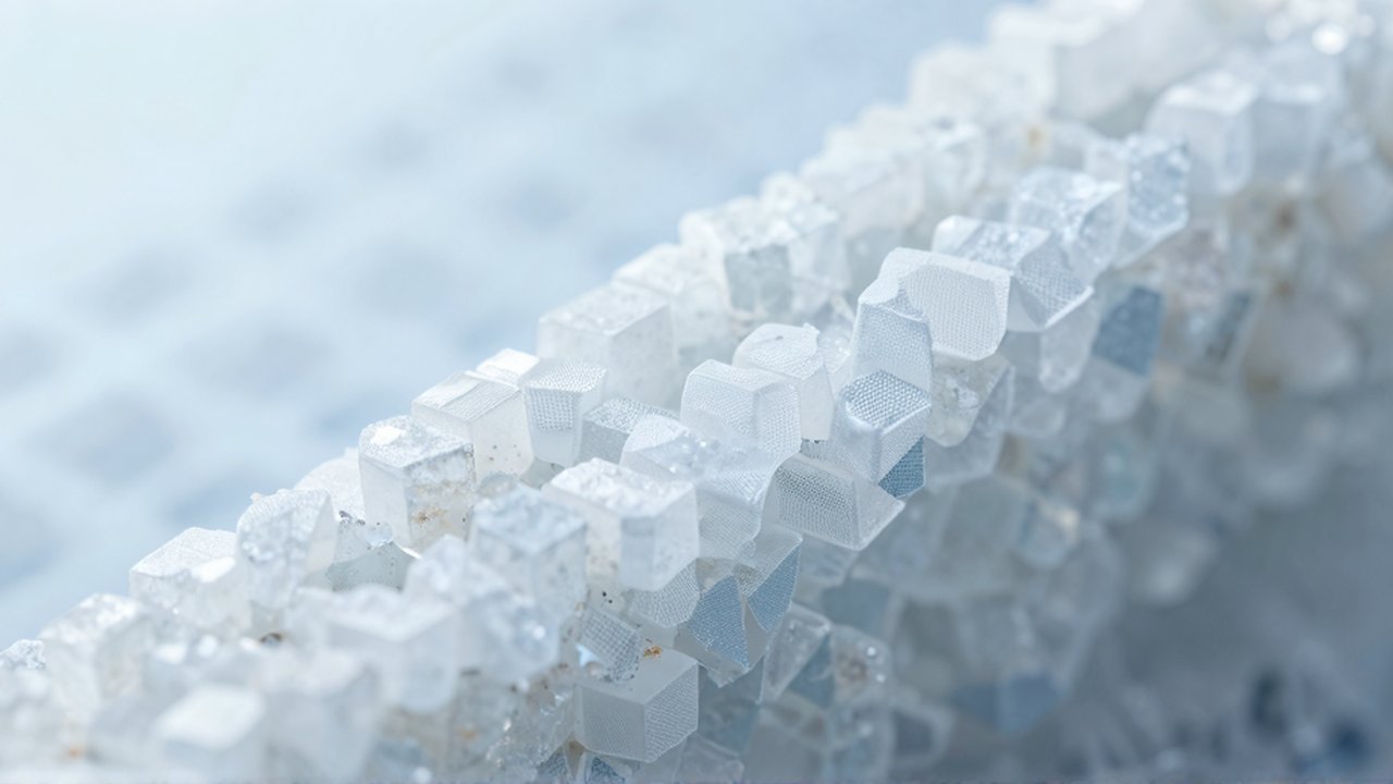 Estructura de cristales de sal con formas cúbicas entrelazadas en un patrón geométrico repetitivo.