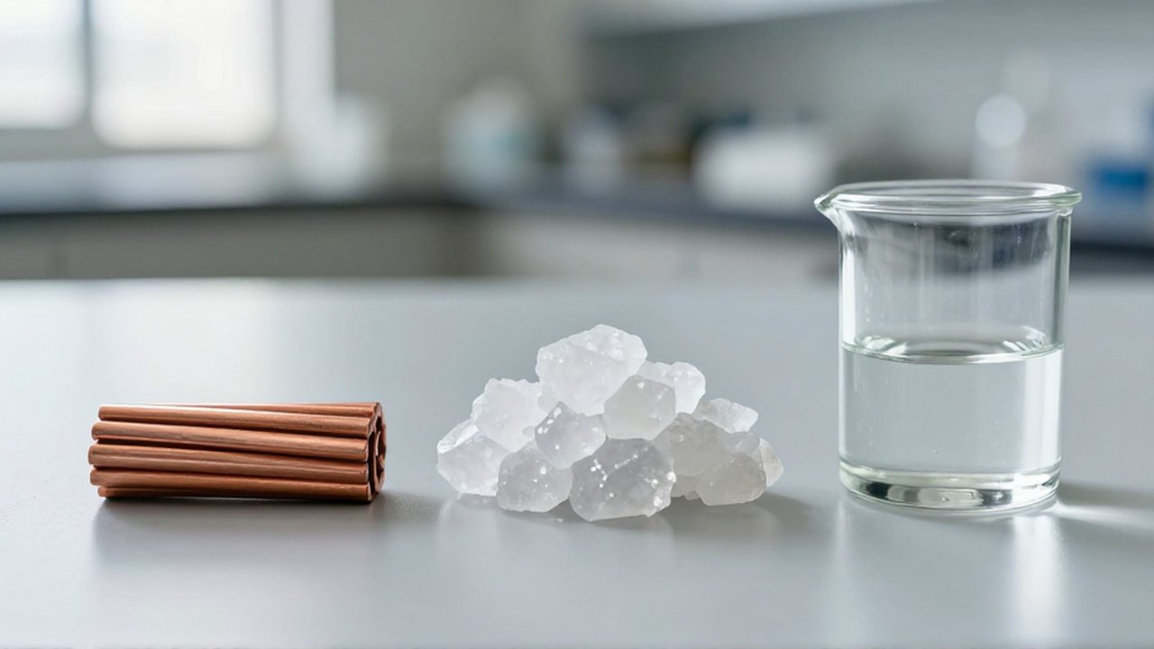 Muestras de un alambre de cobre, cristales translúcidos y un recipiente con líquido sobre una mesa de laboratorio.
